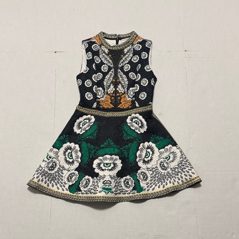 Sleeveless Floral Patterned A-Line Dress - Black, Green, White Size Small